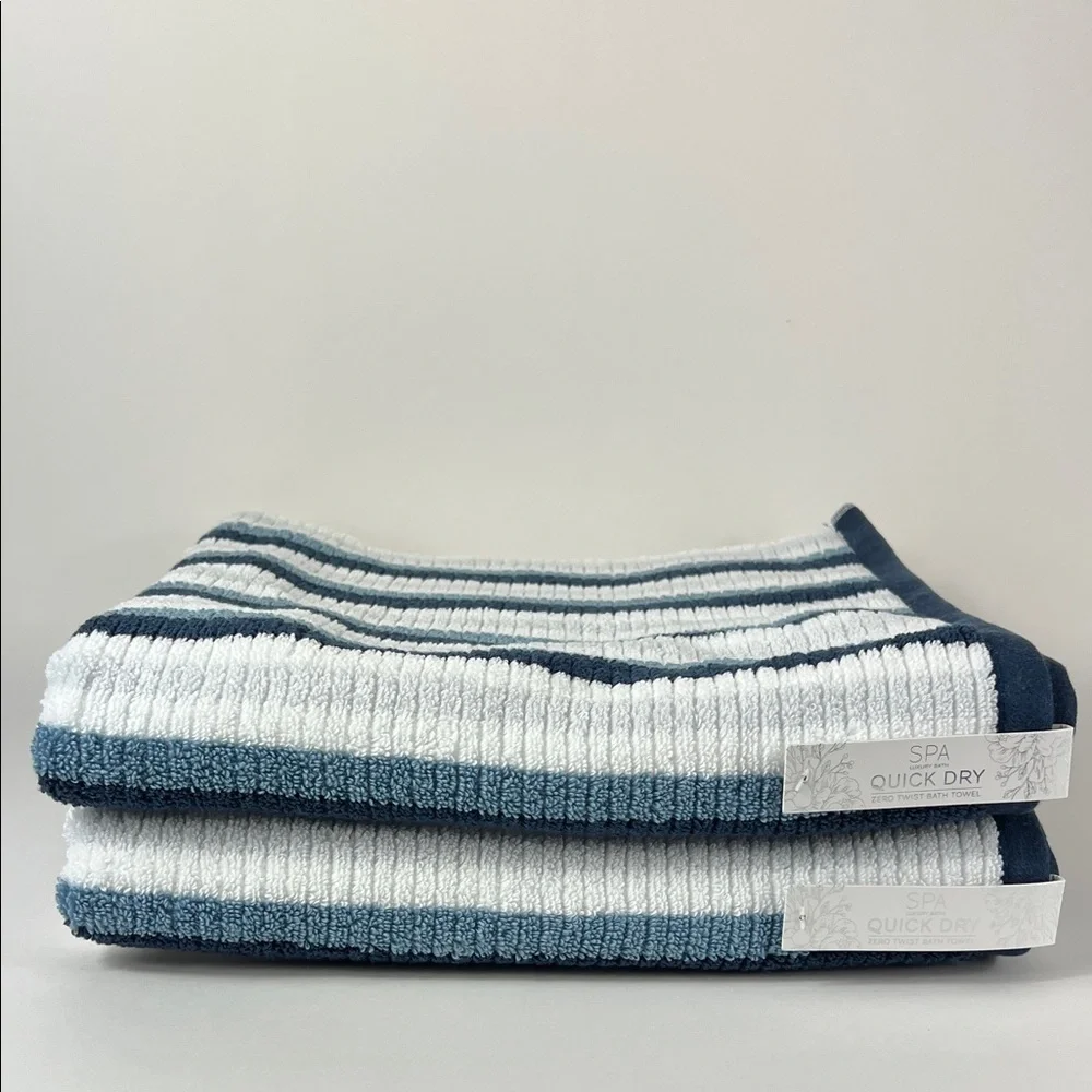 SPA Luxury Bath Towels Blue Gray White Striped Quick Dry Cotton Set of 2 NEW